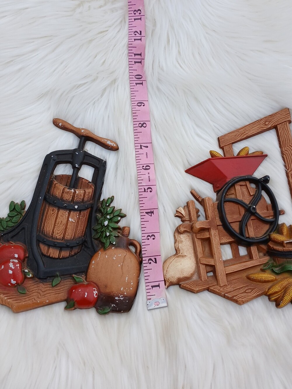 Vintage Homco Cast Iron Metal Wall Hanging Plaque Set Corn Grinder Apple Press